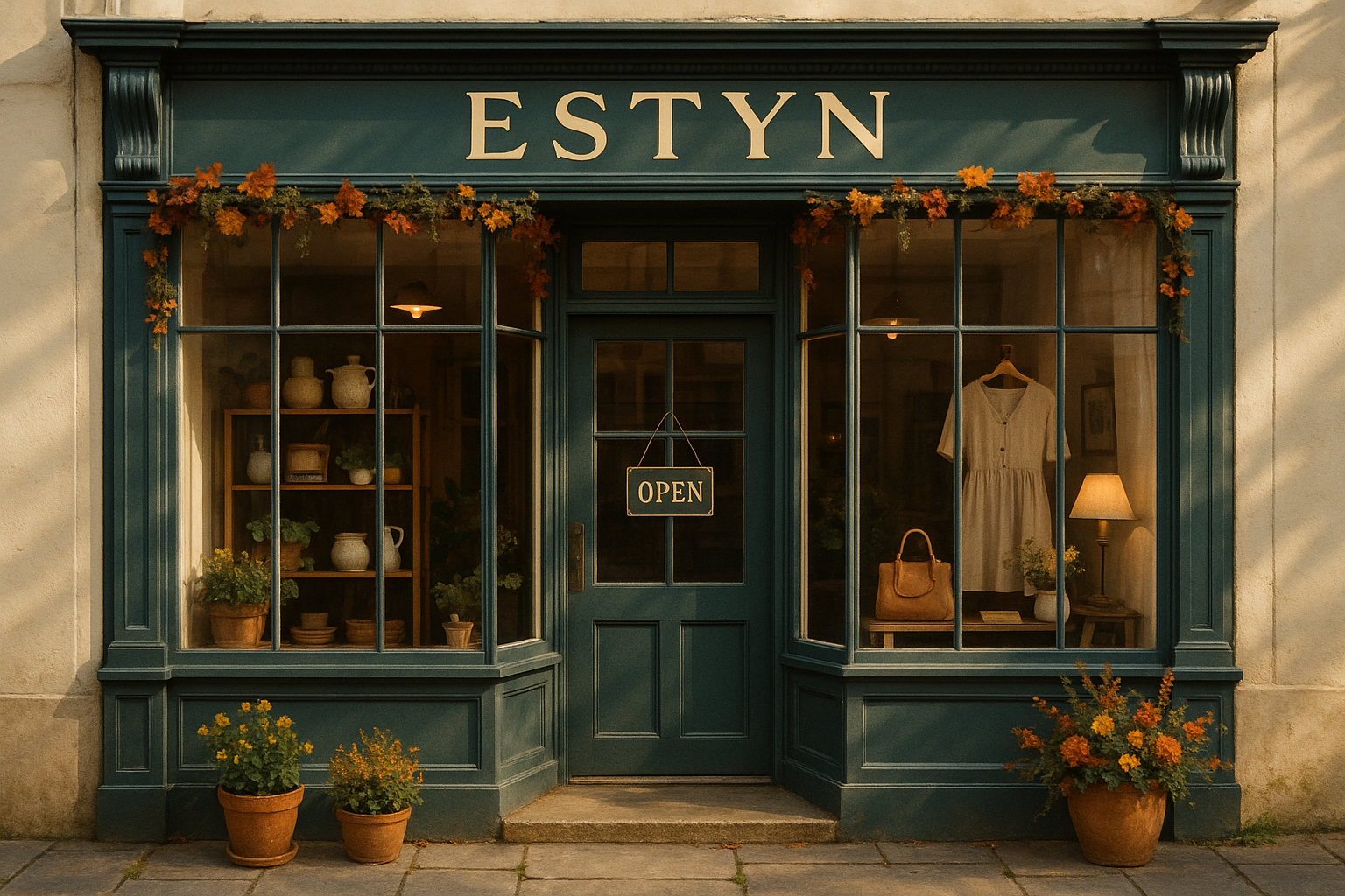 generate a store image with estyn written as shop name and a sign of open shows outside the door